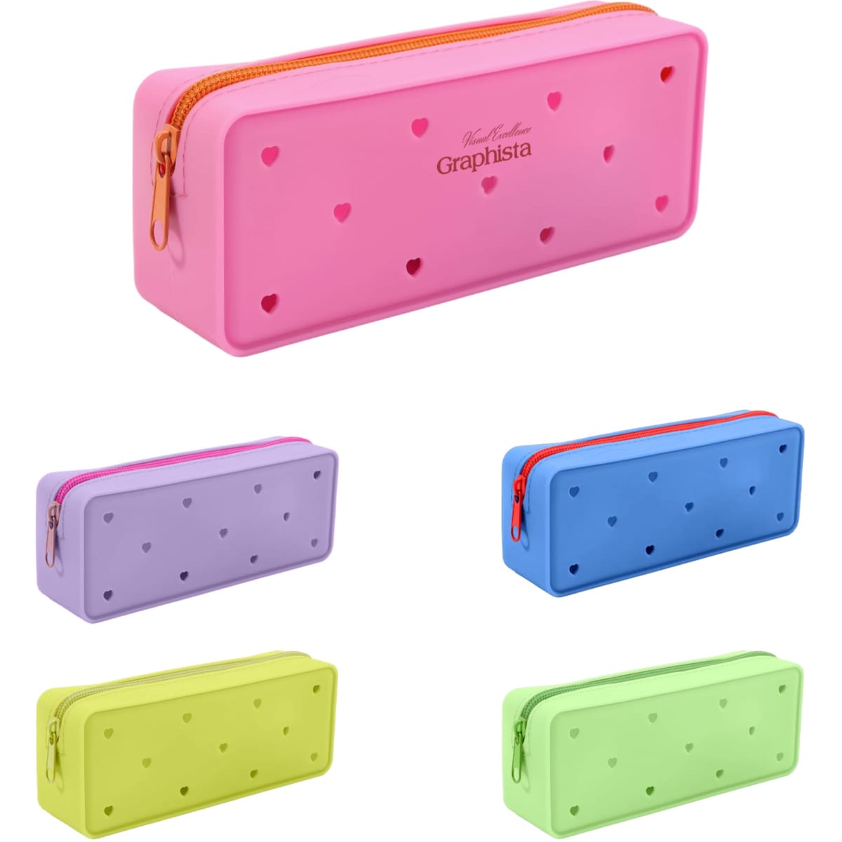 A silicone pencil case in pink, lavender, blue, and green, featuring heart-shaped holes and a zip closure.