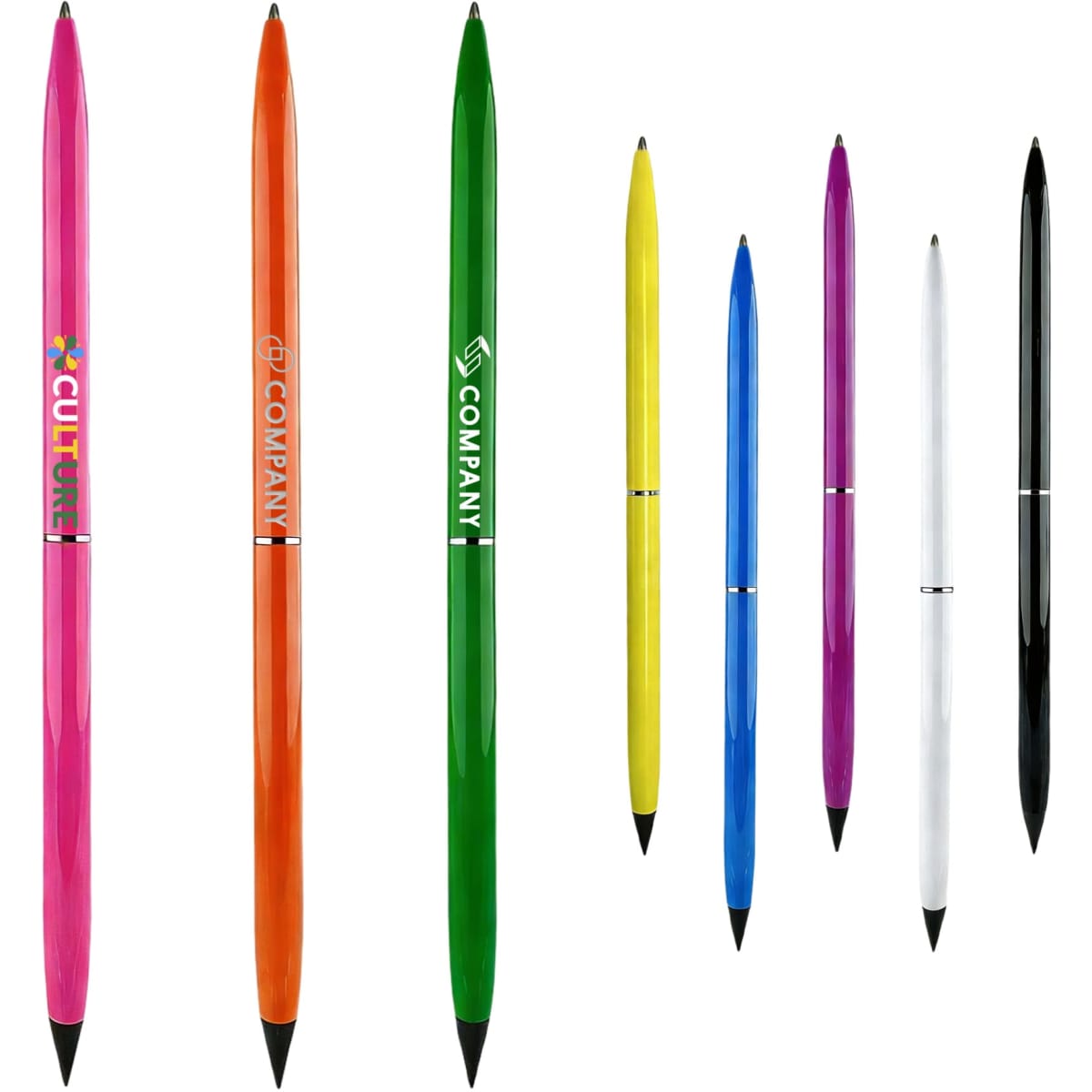 A set of double-ended pencils and ballpoint pens in various colours including pink, green, orange, yellow, purple, and black.