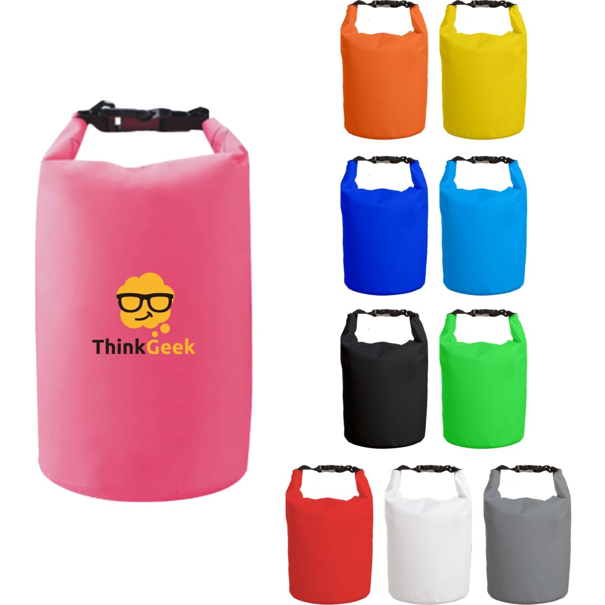 A pink waterproof dry bag with a logo, surrounded by dry bags in orange, yellow, blue, teal, black, green, and white.