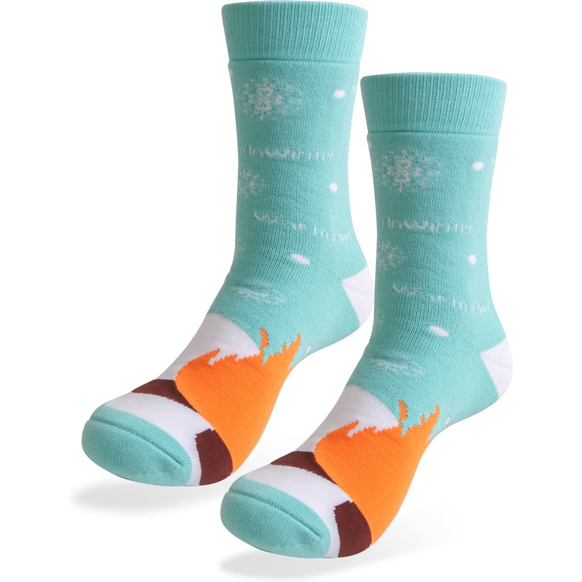 A pair of turquoise thermal socks featuring a playful fox design with white snowflakes. Includes branding on the cuff.