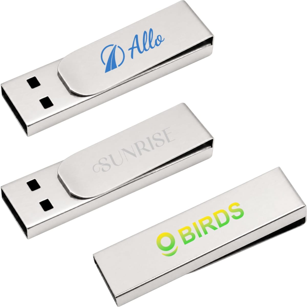 Three silver metal clip flash drives featuring different logos. Each drive has a sleek, modern design.