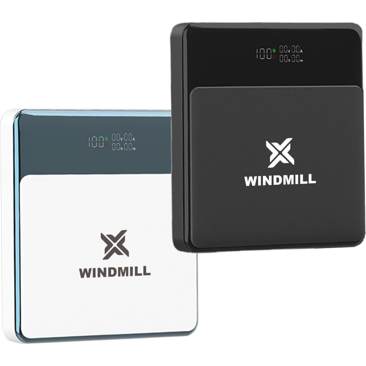 A power bank featuring a sleek design in black and white colours, with a digital display and a logo.