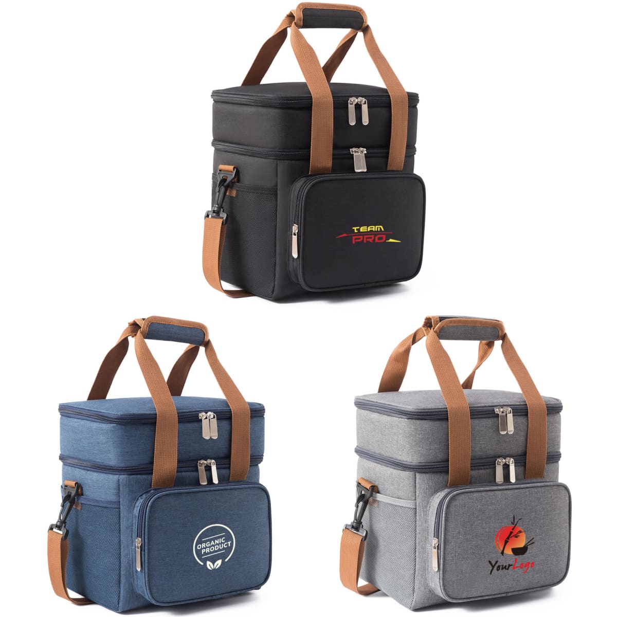 Three 10L cooler bags in black, blue, and grey, each with branded logos and brown straps.