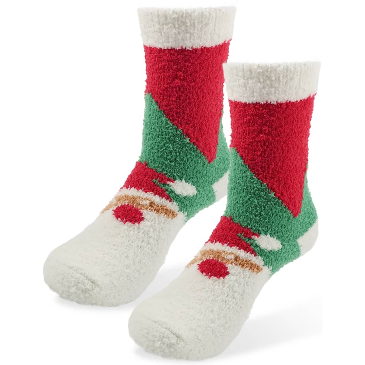 A pair of coral fleece socks featuring red, green, and white patterns, designed for comfort.