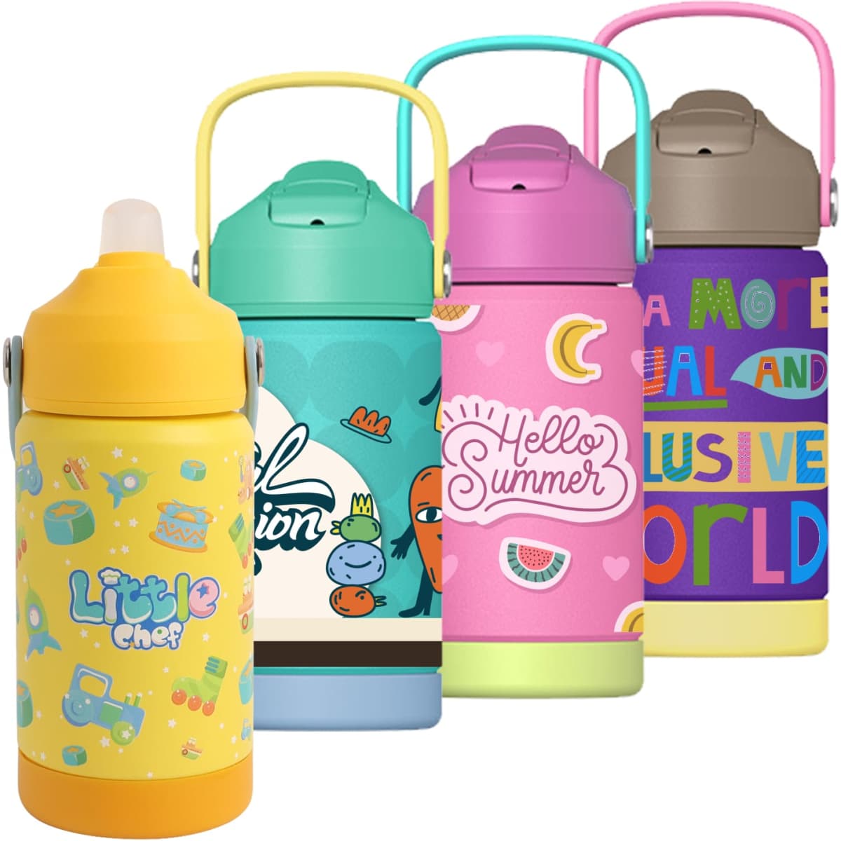 A drink bottle set featuring four brightly coloured 350ml stainless steel water bottles with various playful designs and logos.