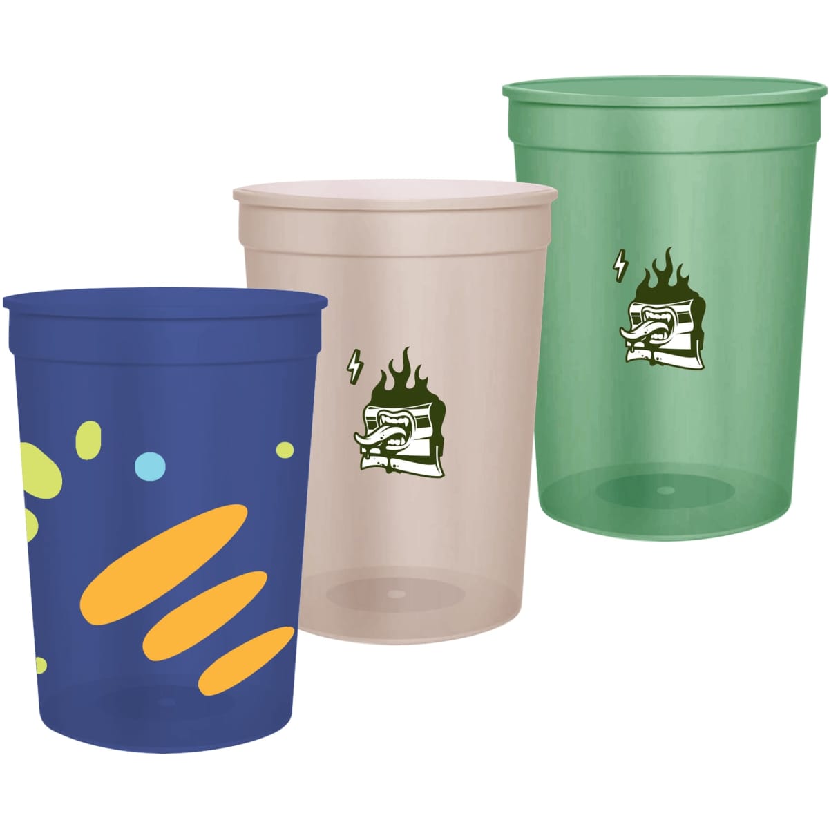 A drinkware display featuring three translucent plastic stadium cups in blue, beige, and green, each with a logo.