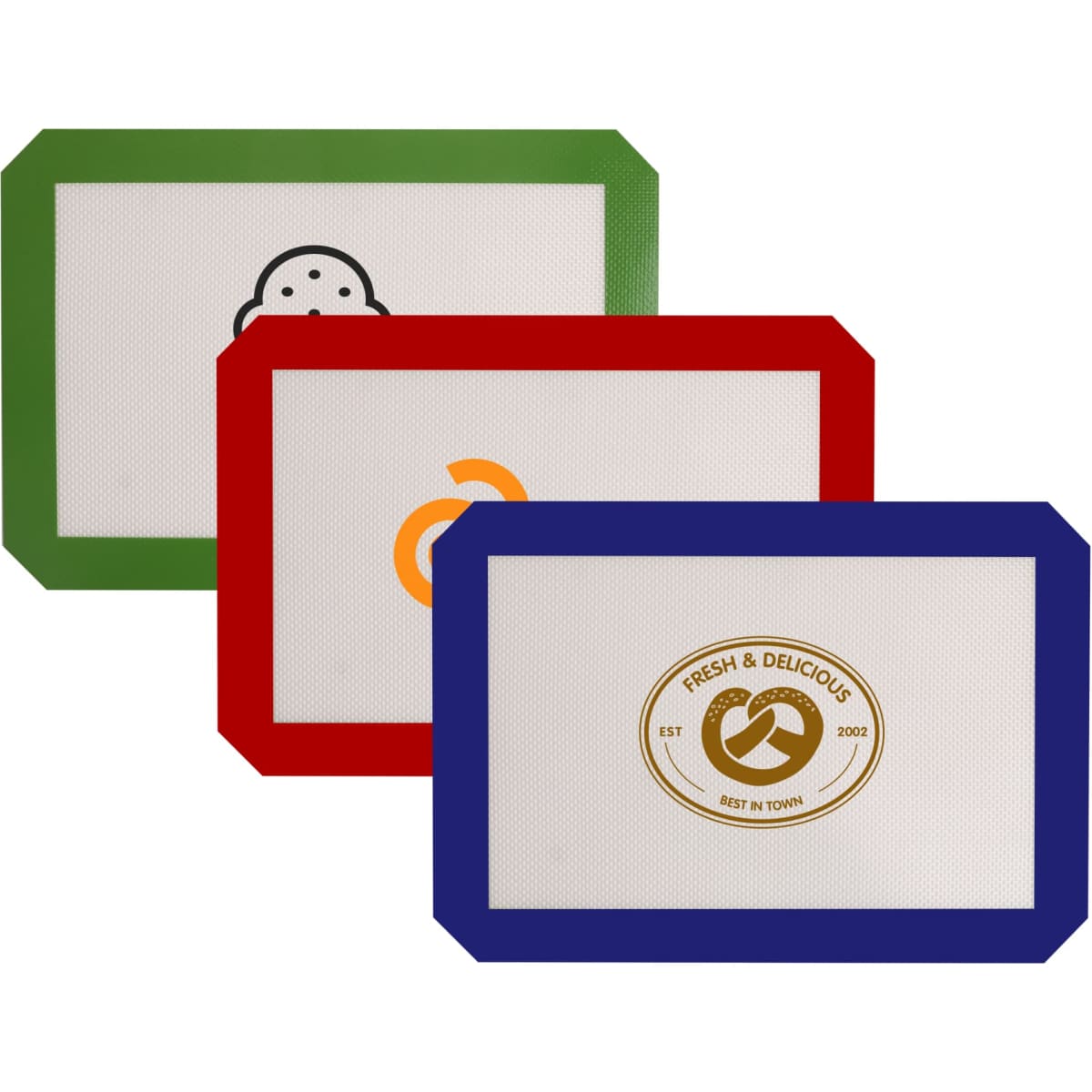Three silicone baking mats in green, red, and blue, featuring various designs and a logo on one mat.