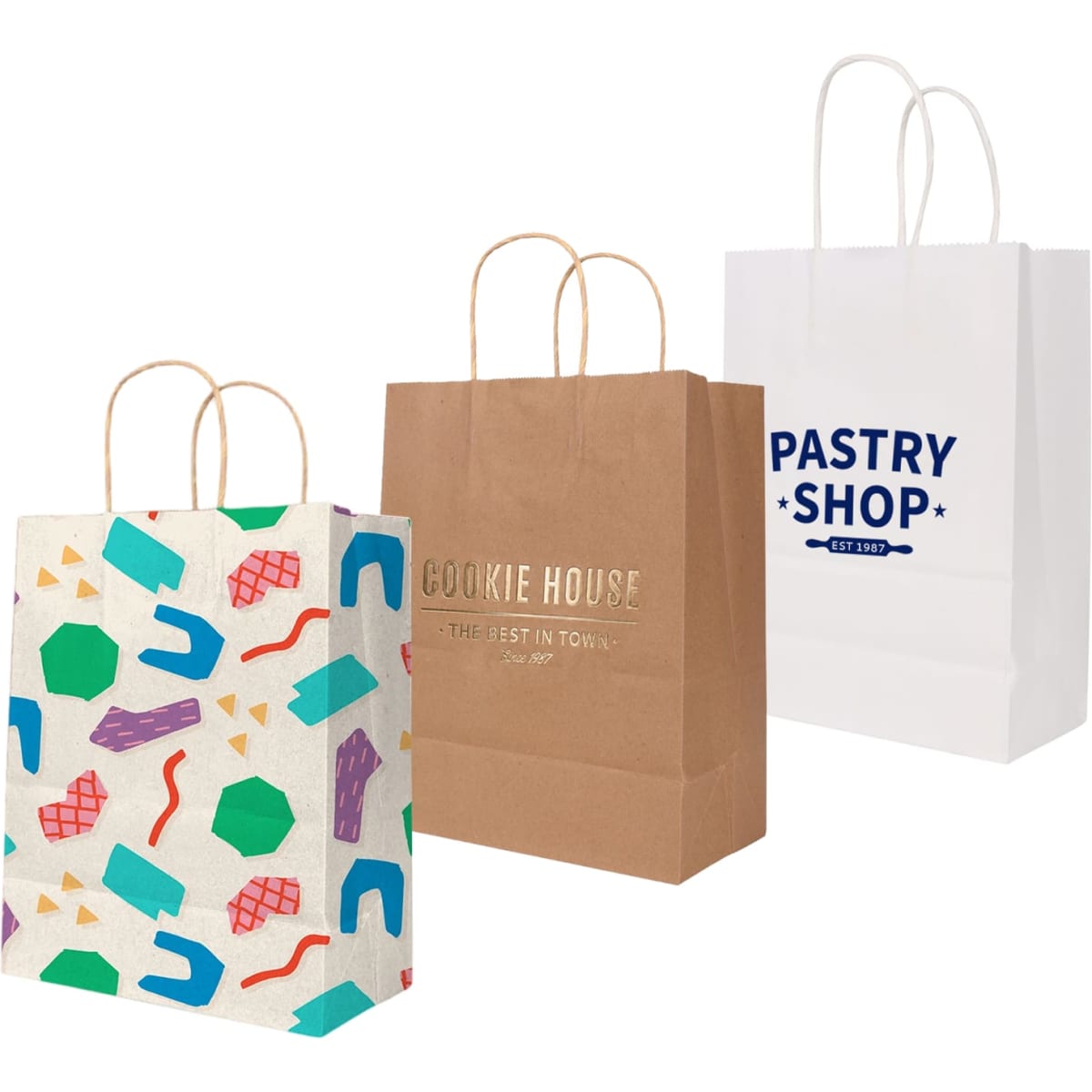 Three paper bags are displayed: one with a colourful geometric design, a kraft paper bag with a logo, and a white bag with branding.