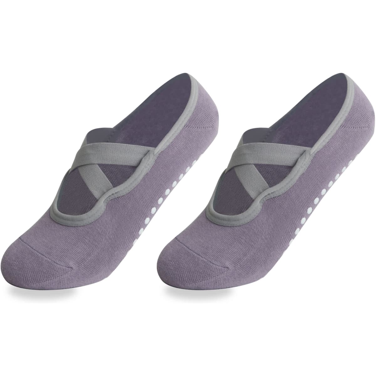 A pair of grey yoga socks featuring a crisscross design and non-slip grip dots on the soles.
