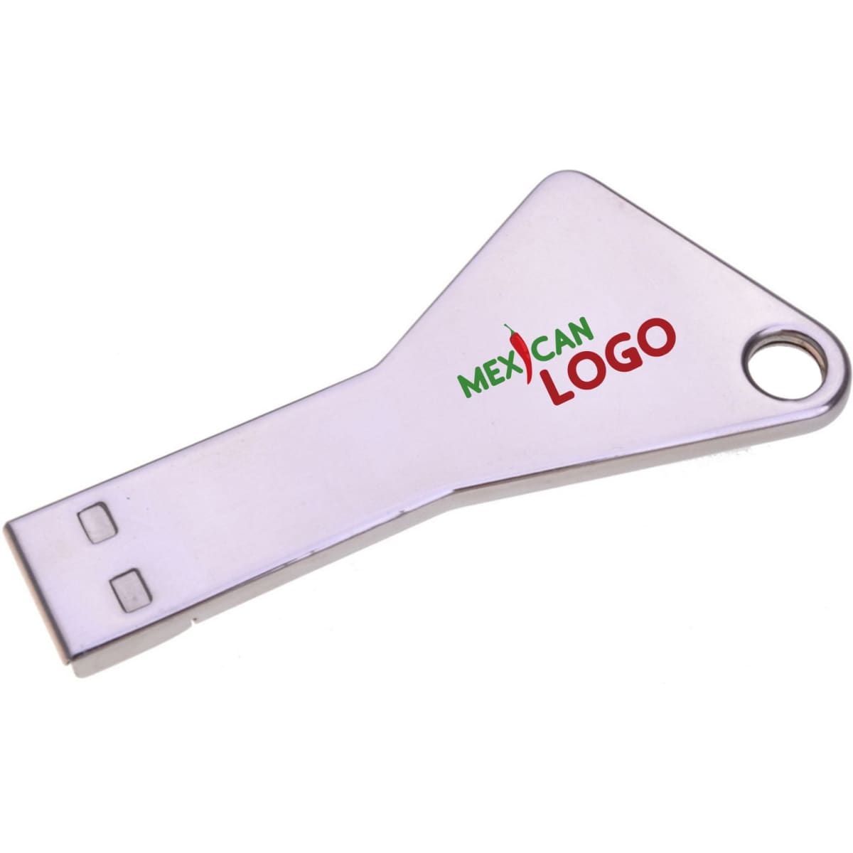 A silver flash drive shaped like a key, featuring a logo and a hole for keychain attachment.