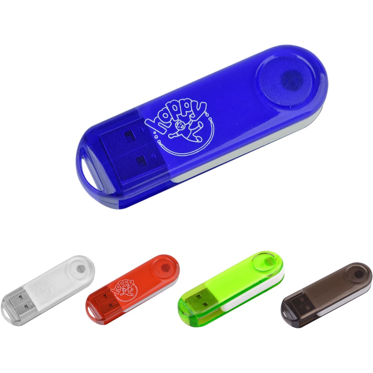 A transparent swivel flash drive available in blue, green, red, white, and brown, featuring a logo.