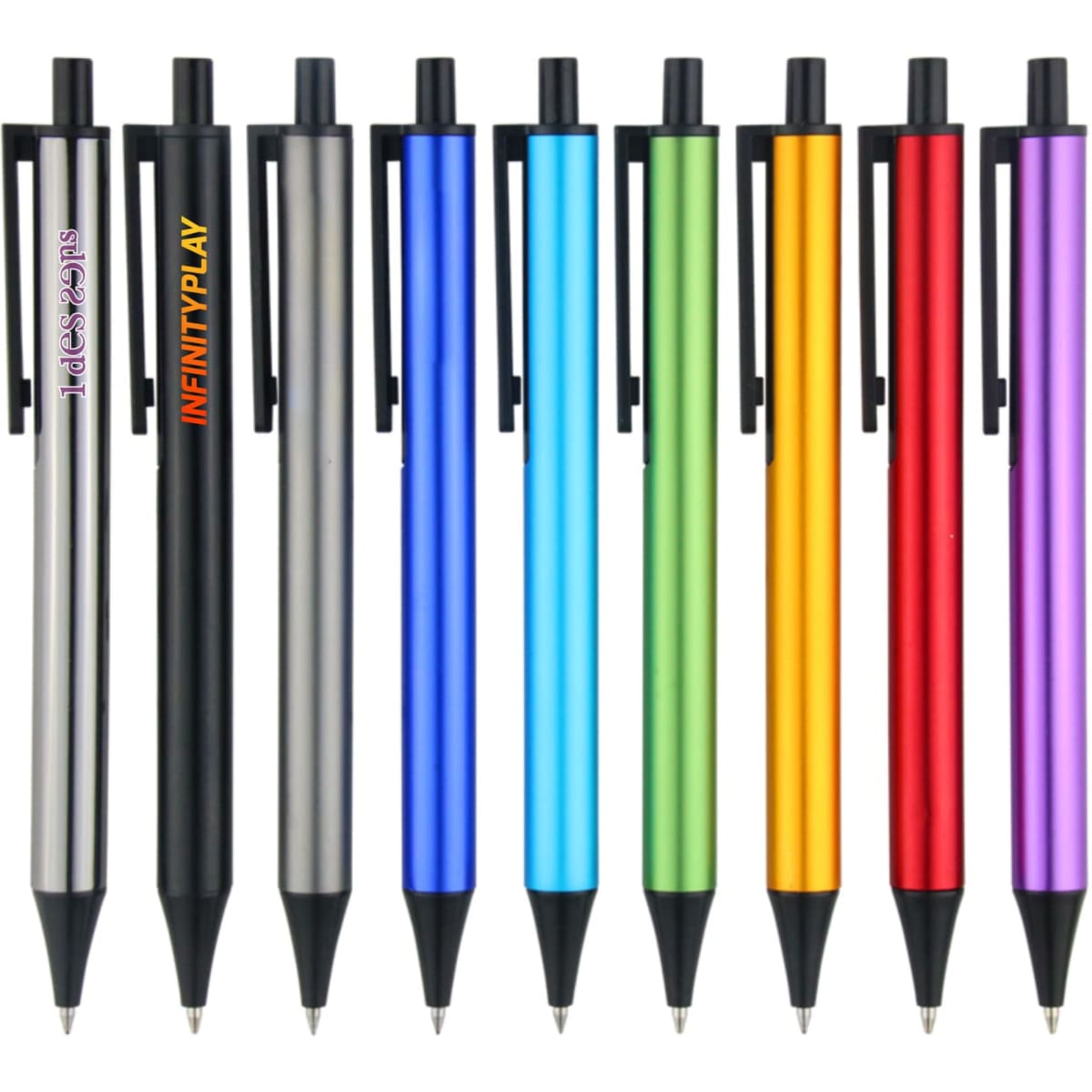A collection of plastic click pens in various colours, including black, silver, blue, green, orange, and purple. Each pen features a clip and branding.