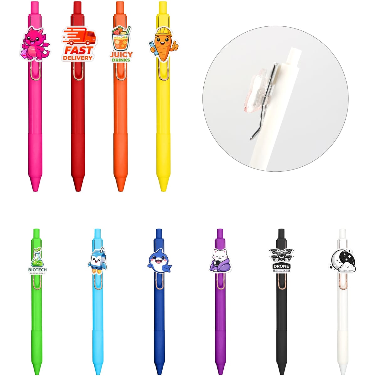 A collection of custom acrylic pens in various colours, each featuring unique clip designs and logos.
