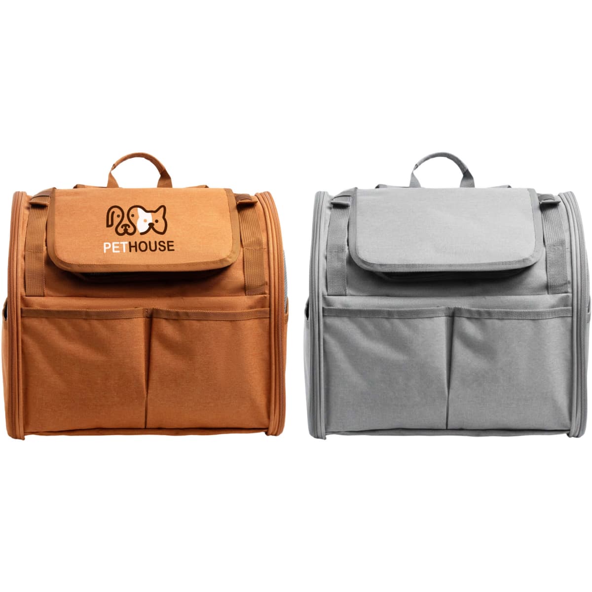 A pet backpack carrier in orange and grey, featuring a logo and expandable design. It has a front flap and pockets.