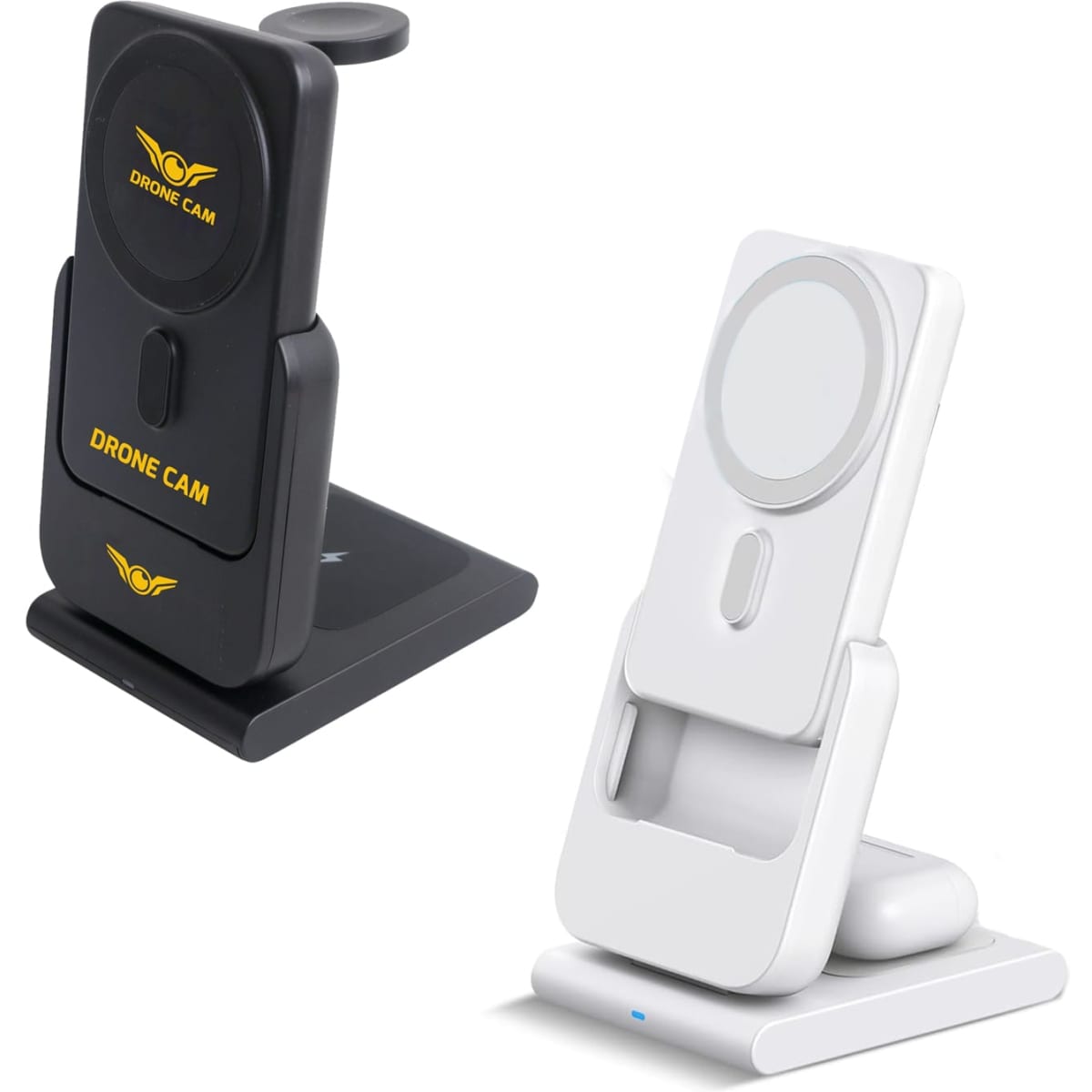 A black and a white charging station, featuring wireless charging pads and a logo, in a sleek design.