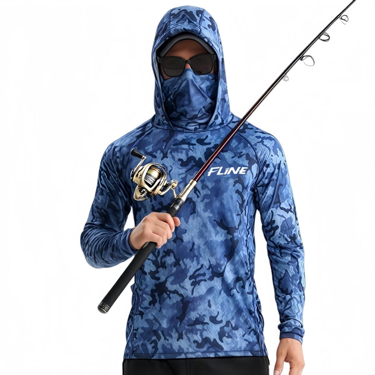 A blue camouflage fishing hoodie with a pocket, featuring long sleeves, a hood, and a logo, held by a person with sunglasses.