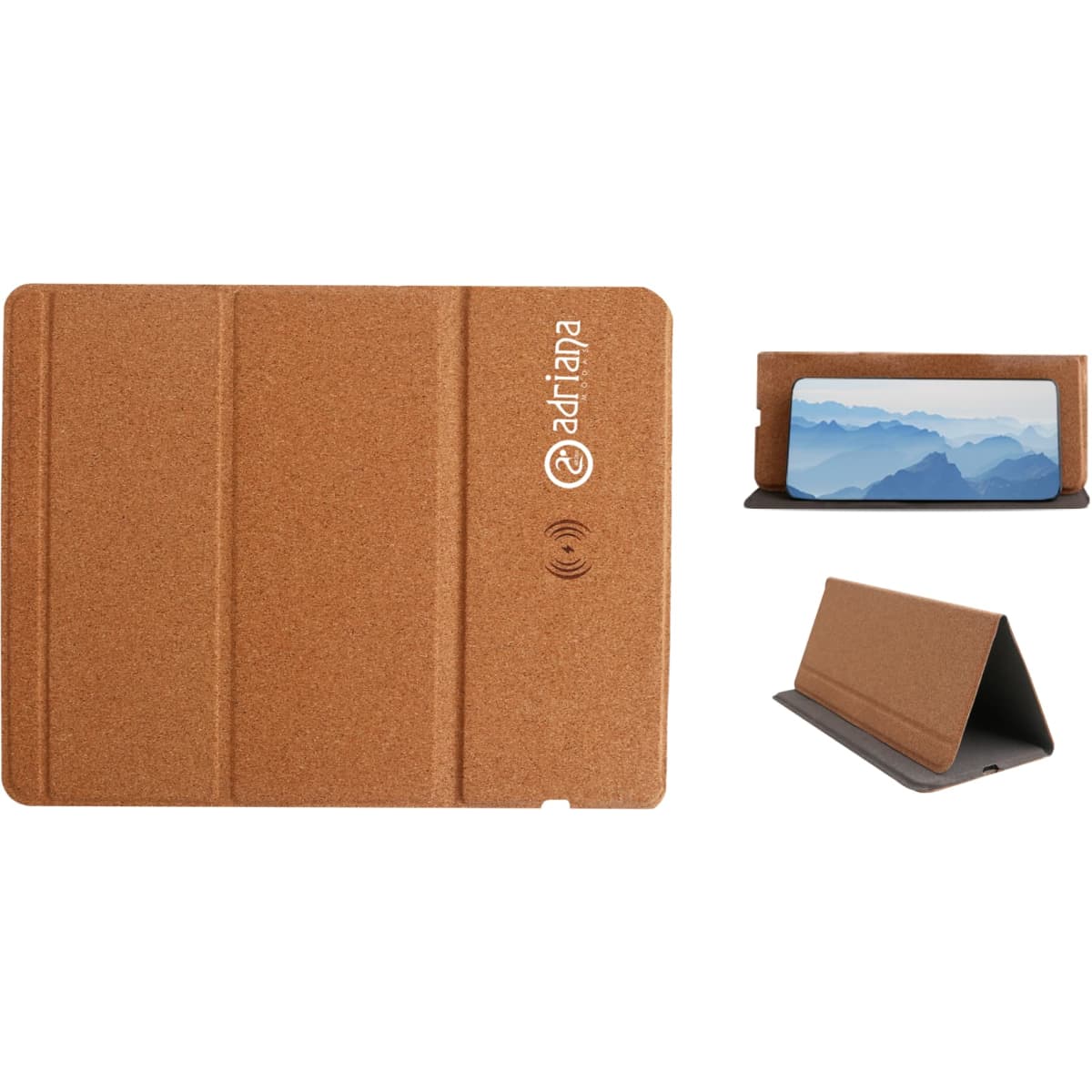 A foldable cork wireless charger in a natural cork colour, featuring a logo and a functional stand design.