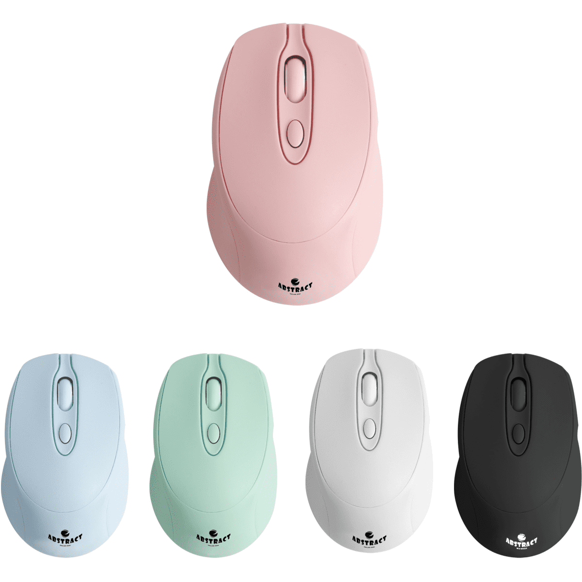 A wireless mouse in pink, blue, green, white, and black, featuring a logo on each.