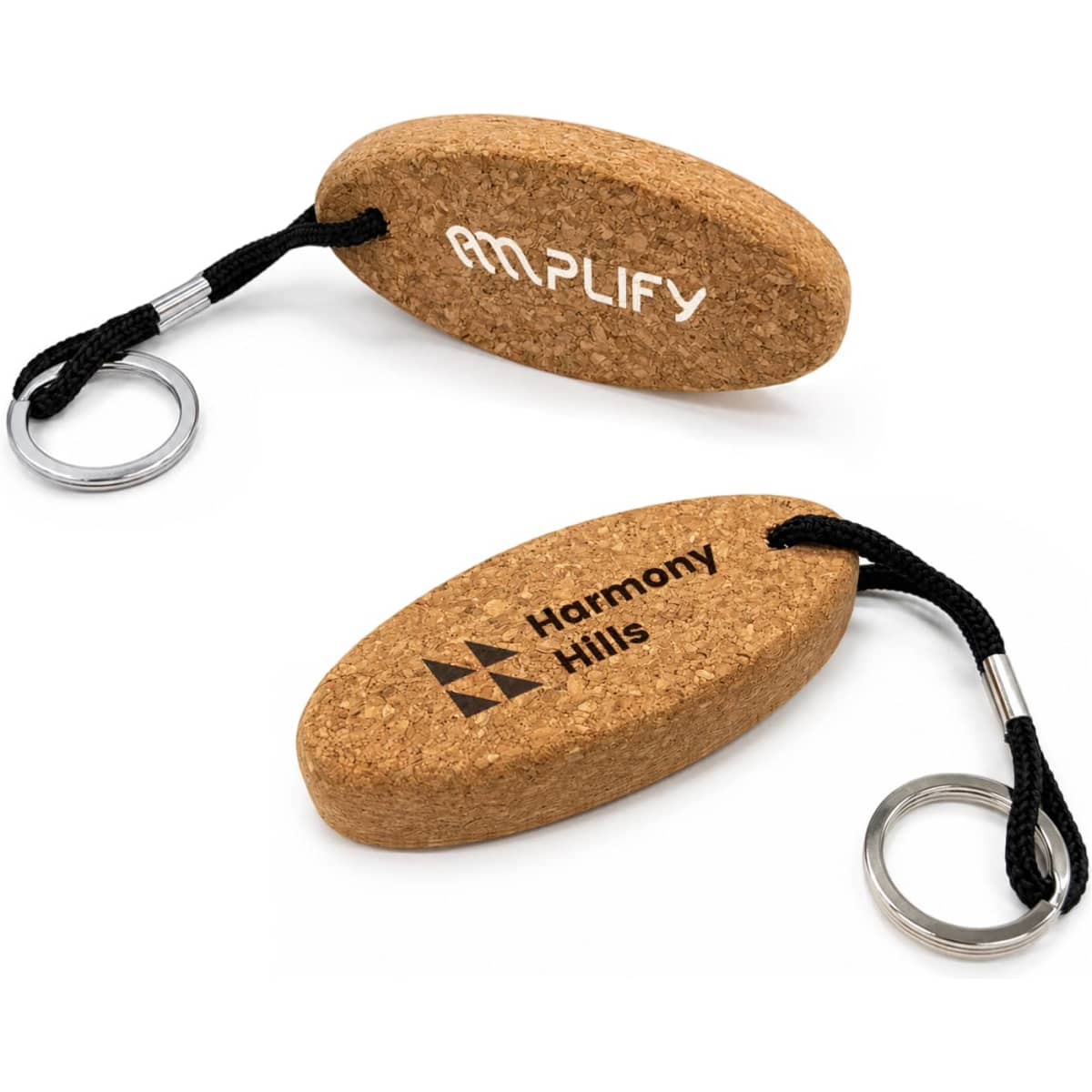 A cork keyring in an oval shape, featuring a black cord and silver keyring attachment. It has branding on both sides.