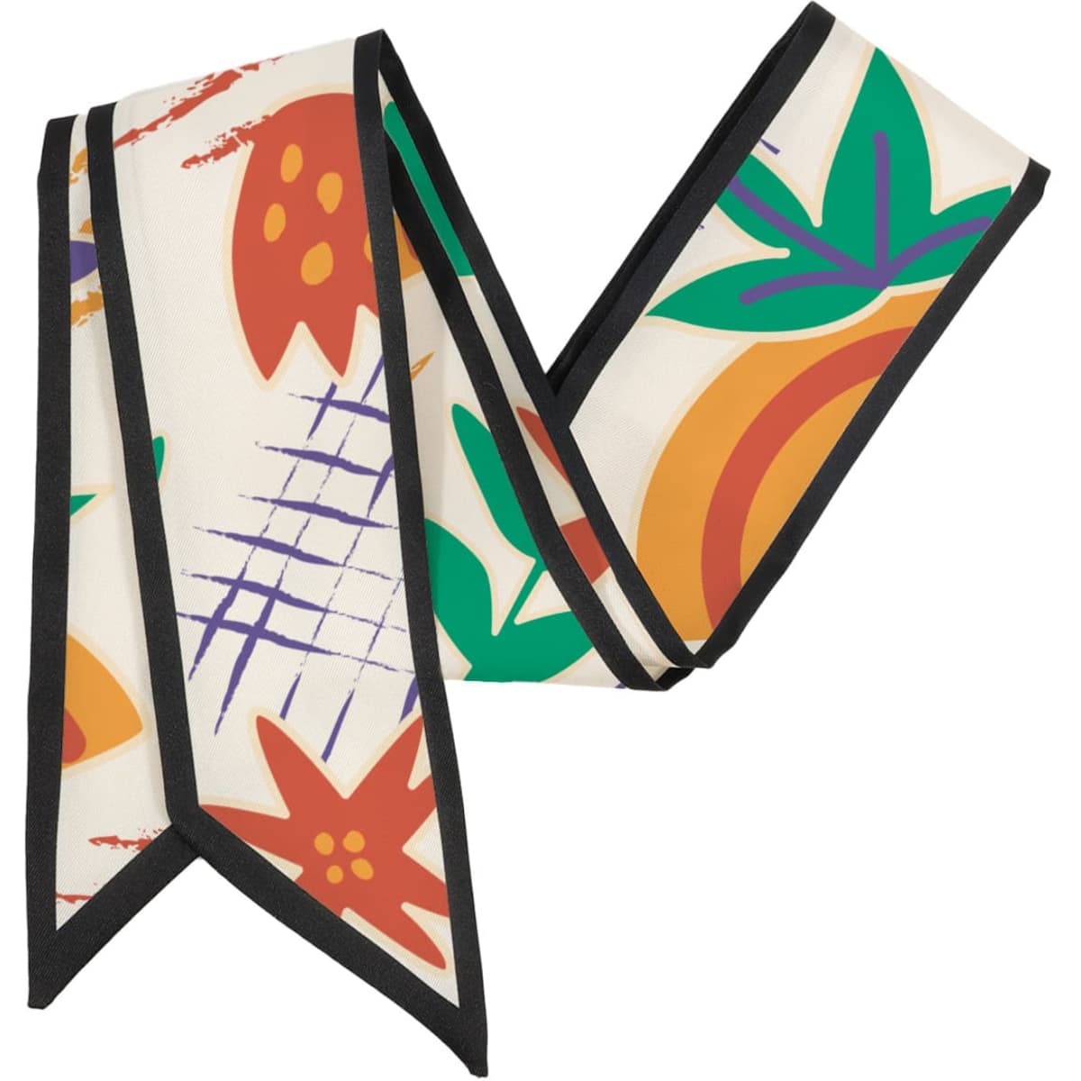 A twill weave narrow scarf featuring a colourful floral and fruit design with black edging.