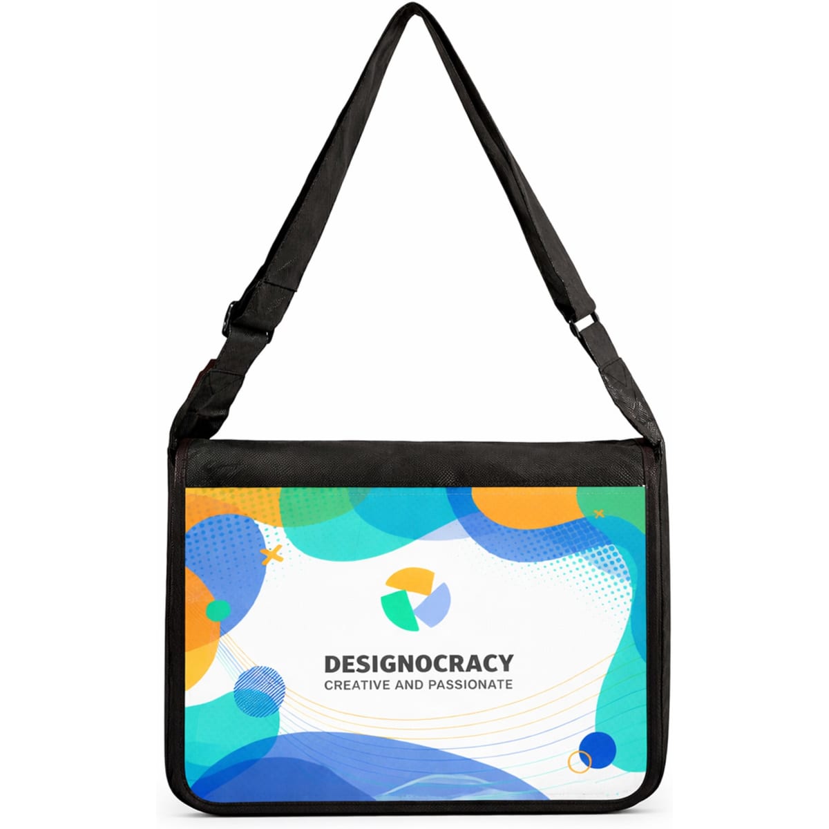 A full colour messenger bag featuring a vibrant design with blue, green, and orange abstract shapes. It has a shoulder strap and logo.