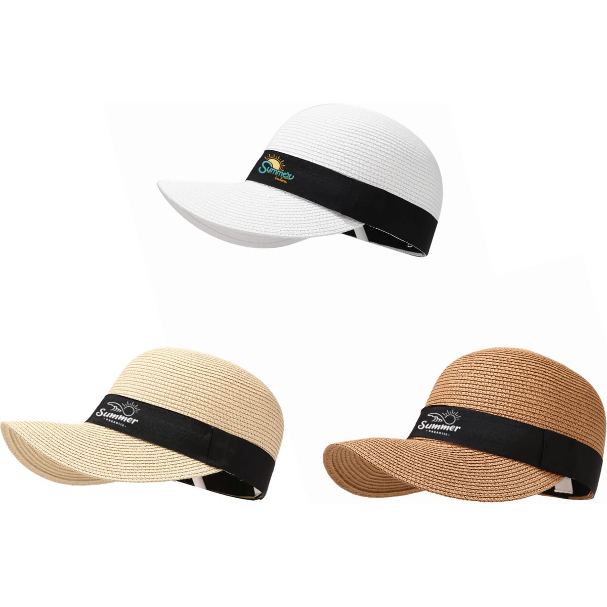 A collection of three sun visors in white, light beige, and dark beige, featuring a black band and a logo.