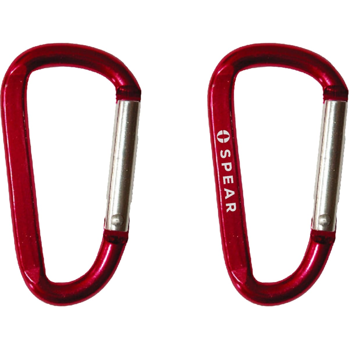 Two red carabiners are displayed, featuring an aluminum design and a logo on one side.