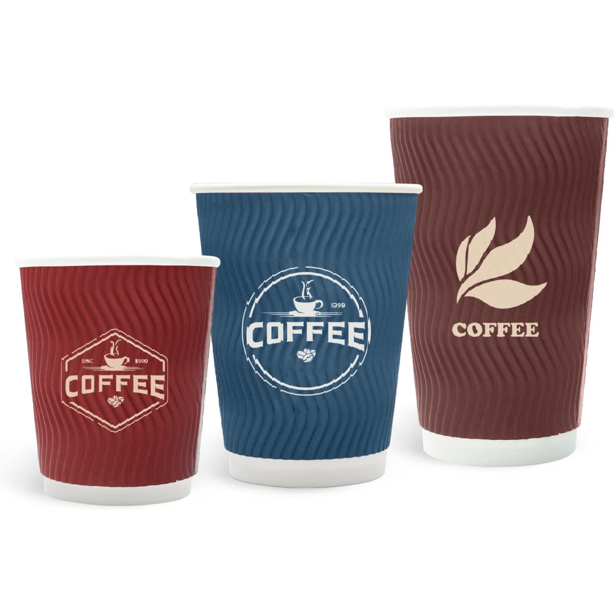 A trio of PLA double wall corrugated compostable paper cups in red and blue, featuring a logo and coffee design.