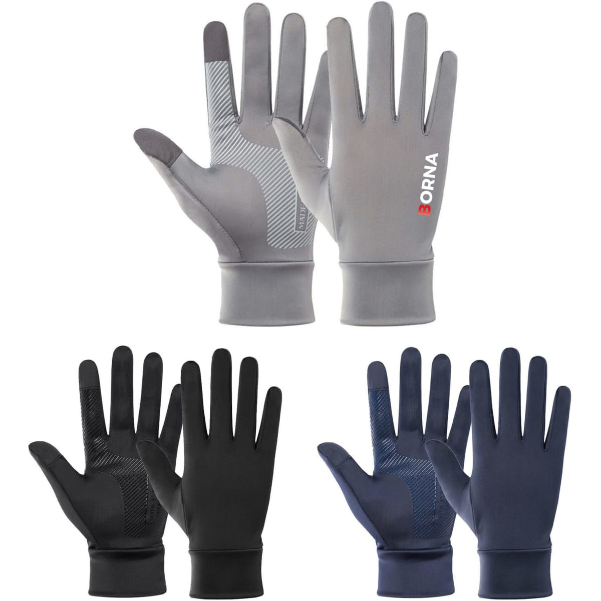 Sun protective full-finger gloves in grey, black, and navy, featuring a textured grip and a logo.