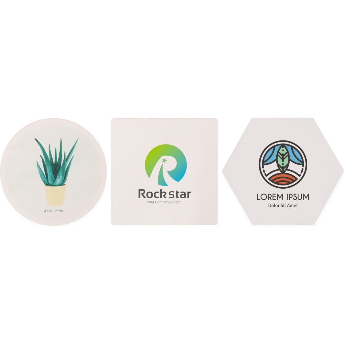 A set of coasters featuring a plant illustration, a logo, and a decorative pattern, in a variety of shapes.