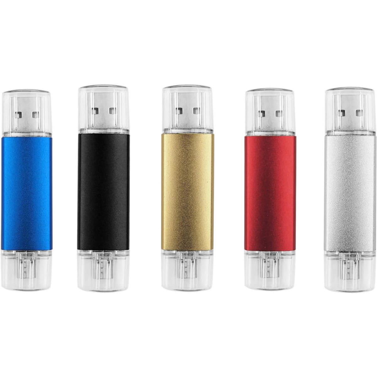A collection of five double-end flash drives in blue, black, gold, red, and silver. Each has a clear casing.