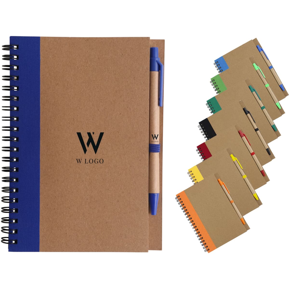 Kraft notebook with a blue band and ballpoint pen, accompanied by a variety of coloured spiral notebooks.