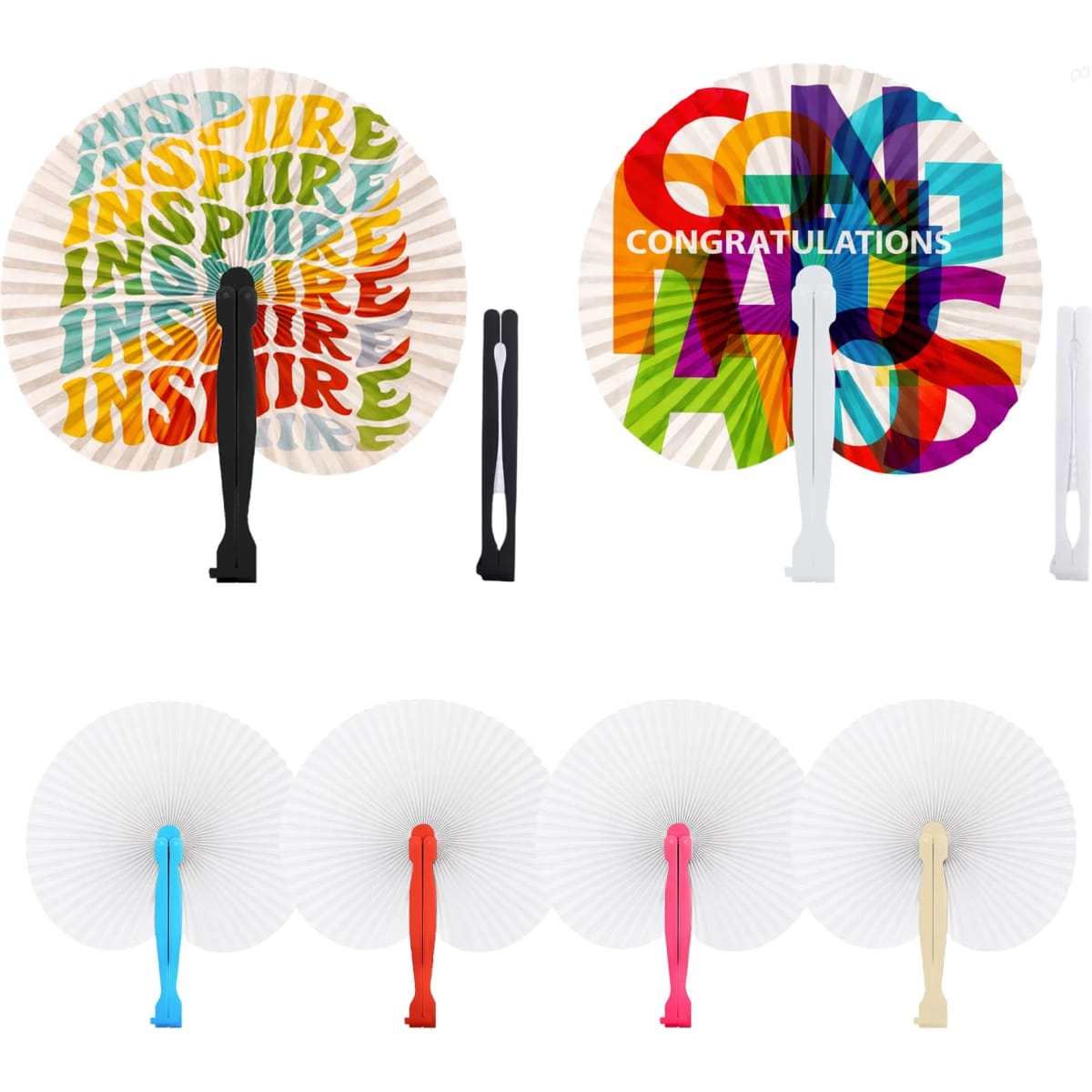 A collection of peach-shaped plastic paper fans in multiple colours with various designs and a logo on each handle.