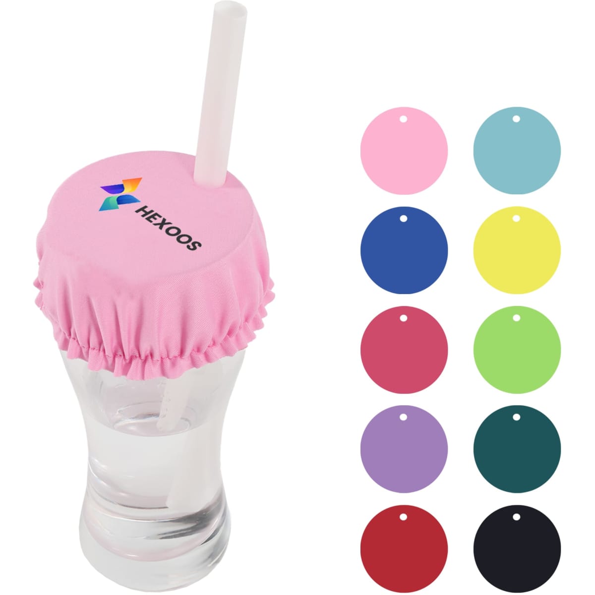 A drink bottle with a pink anti-spike cover and a straw, displayed alongside various colour samples.