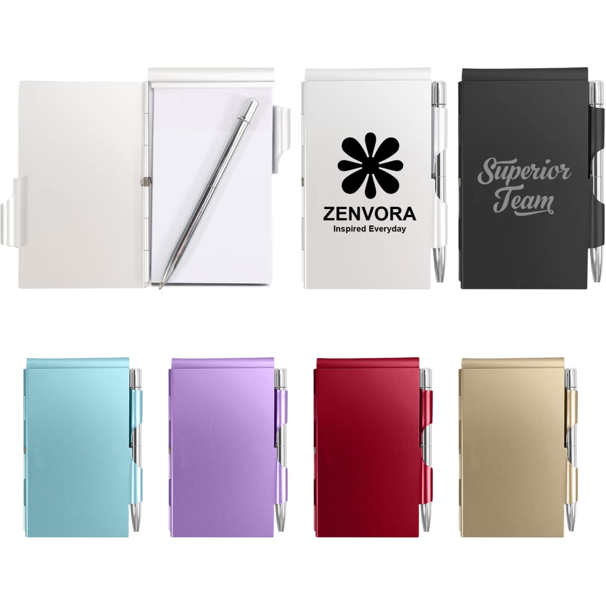 An aluminium pocket notebook with a pen, available in various colours: white, black, purple, and red, featuring logos.