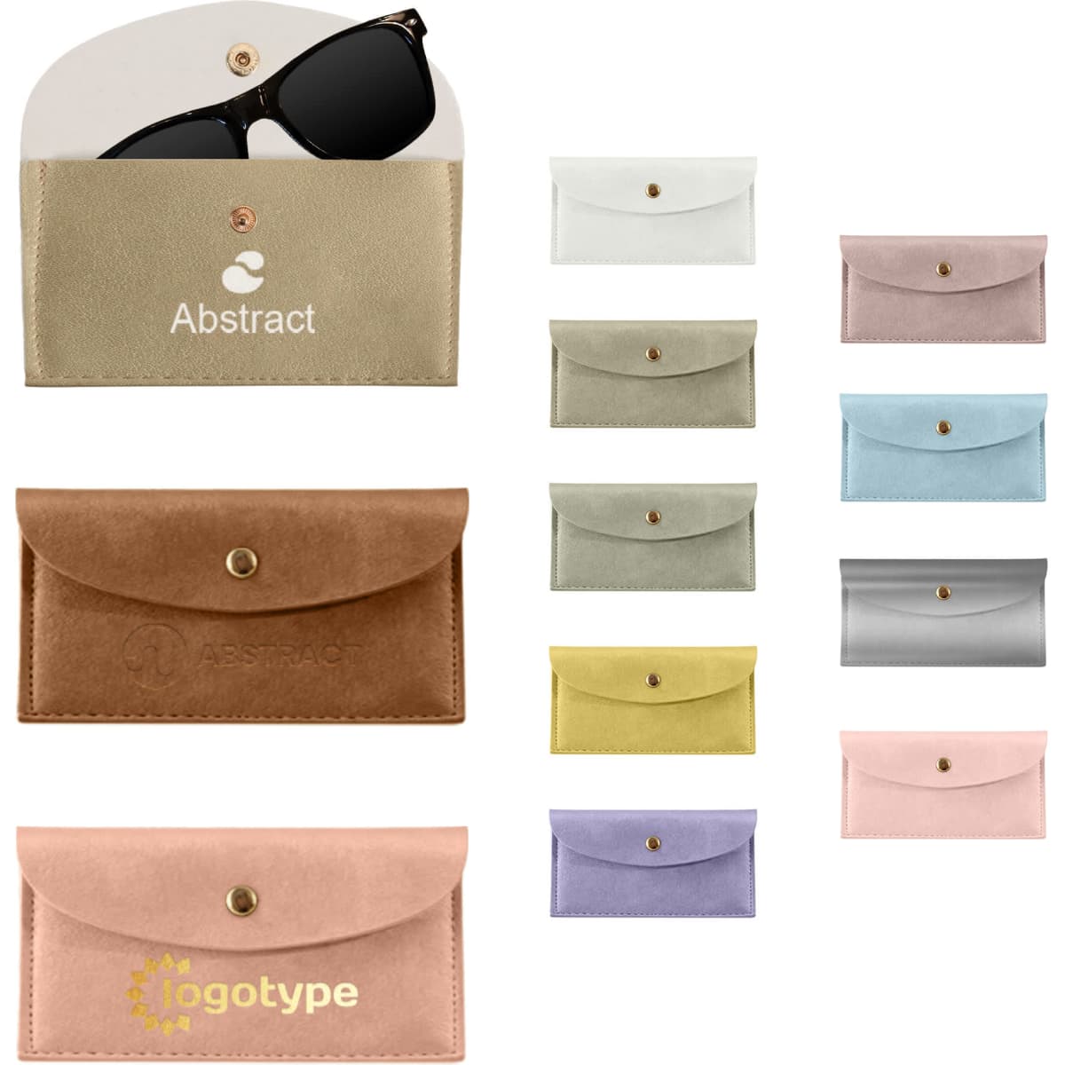 A collection of PU leather glasses pouches in various colours, featuring a logo on some.