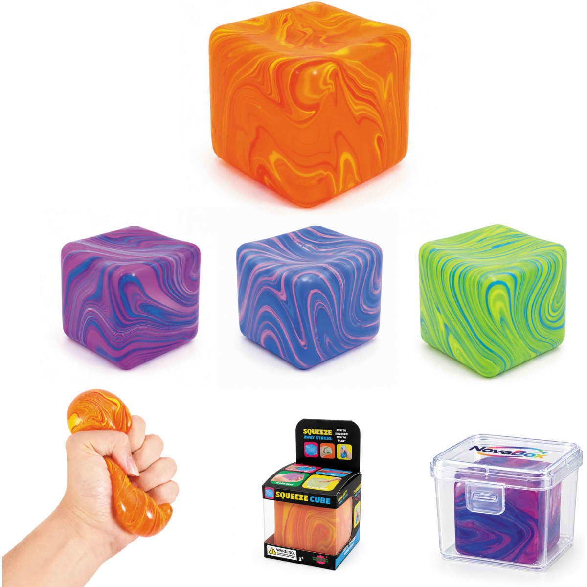 A collection of colourful, swirled stress relief cubes in orange, purple, and green, with a hand squeezing one.