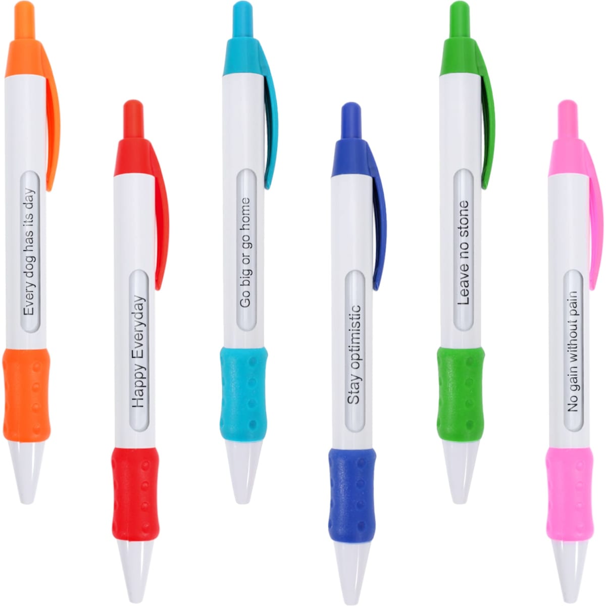 A set of six colourful pens with various message options and grips, including orange, pink, blue, green, and white.