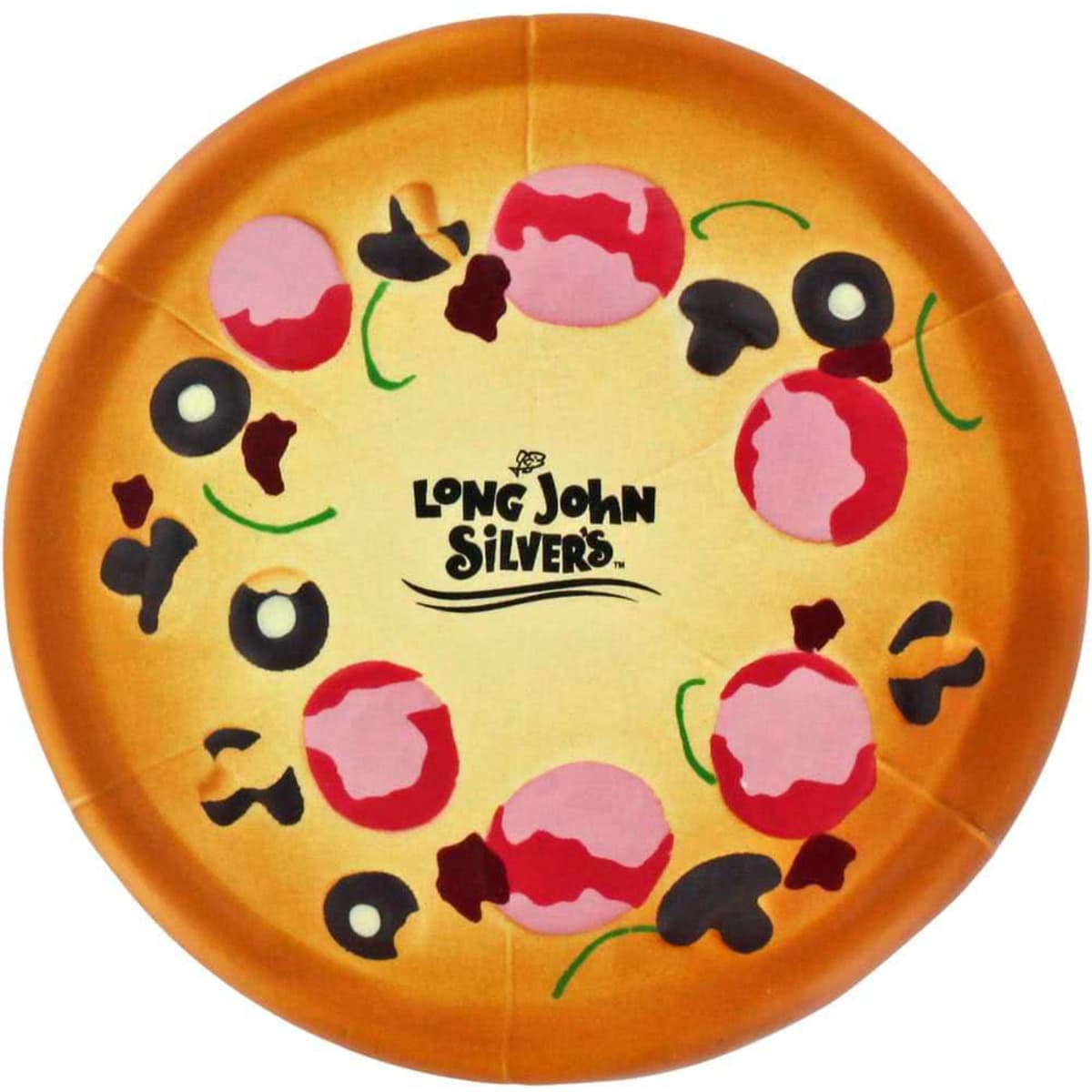 A round pizza-shaped stress reliever featuring toppings like pepperoni and olives, with yellow and red colours.