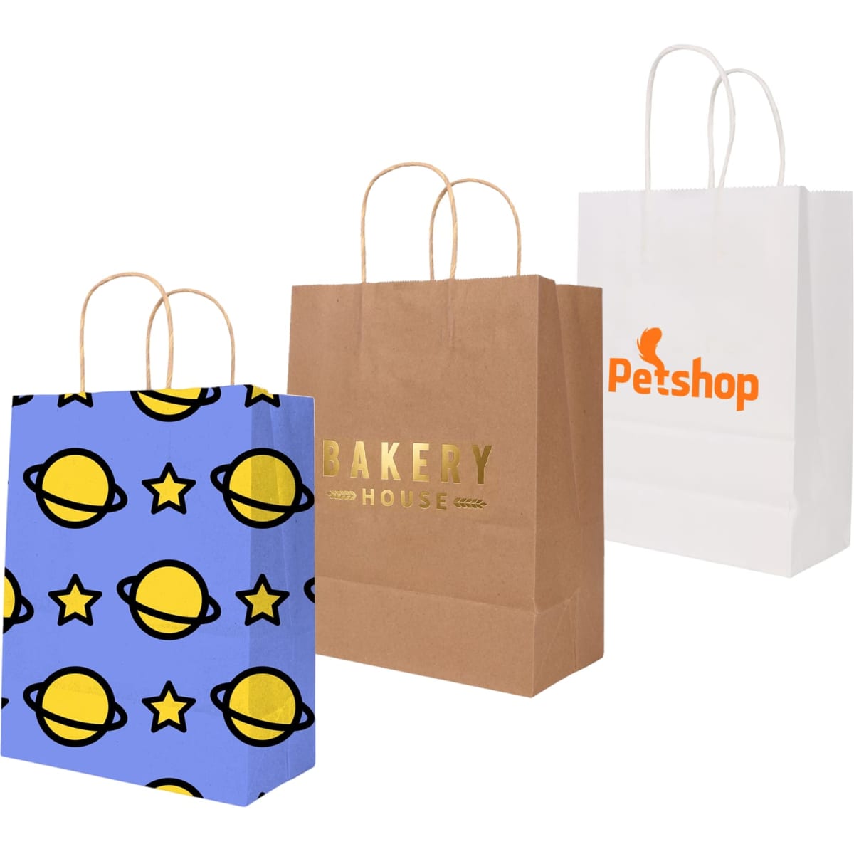Three paper bags: one with a blue space theme, a kraft paper bag, and a white bag with an orange logo.