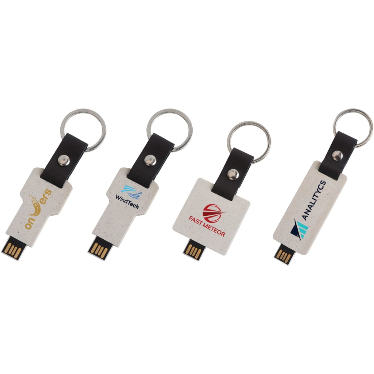 A set of eco-friendly mini flash drive keychains in white with various logos, featuring a black attachment loop.