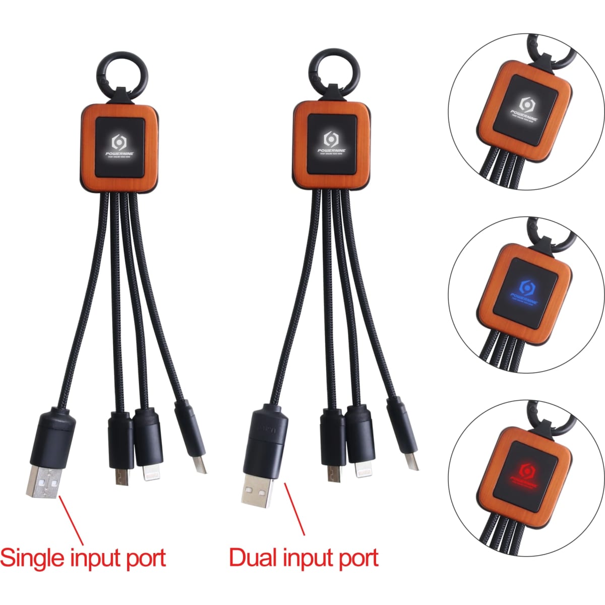 A charging cable with a square-shaped connector featuring dual input ports, black cords, and a branded logo.