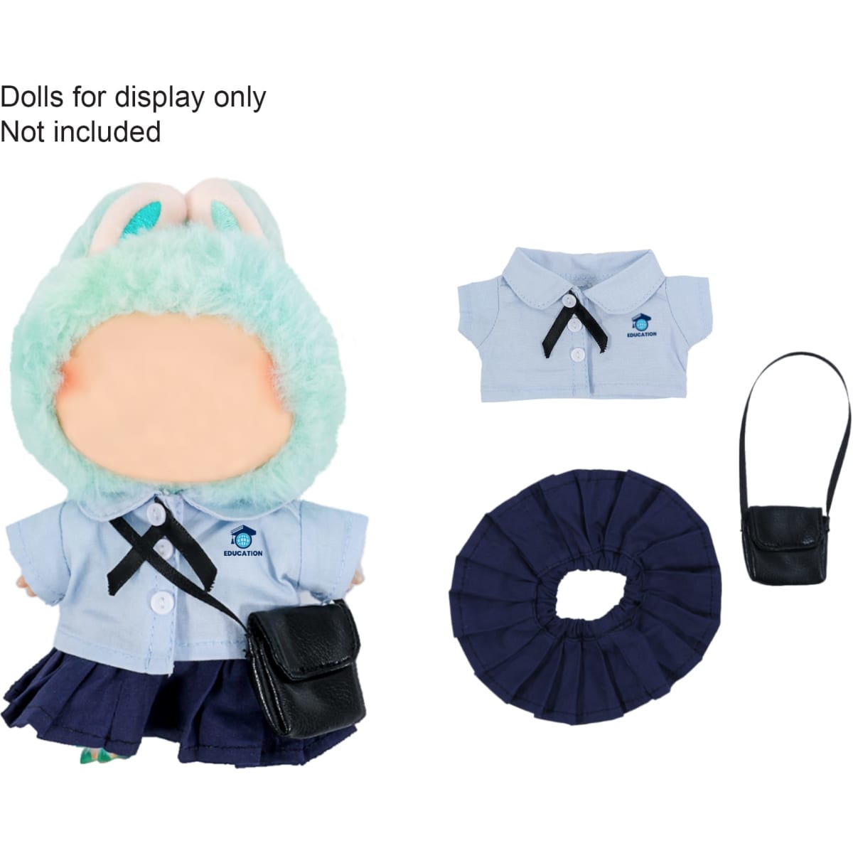 A plush doll uniform set featuring a light blue shirt, navy skirt, scrunchie, and a small black handbag.