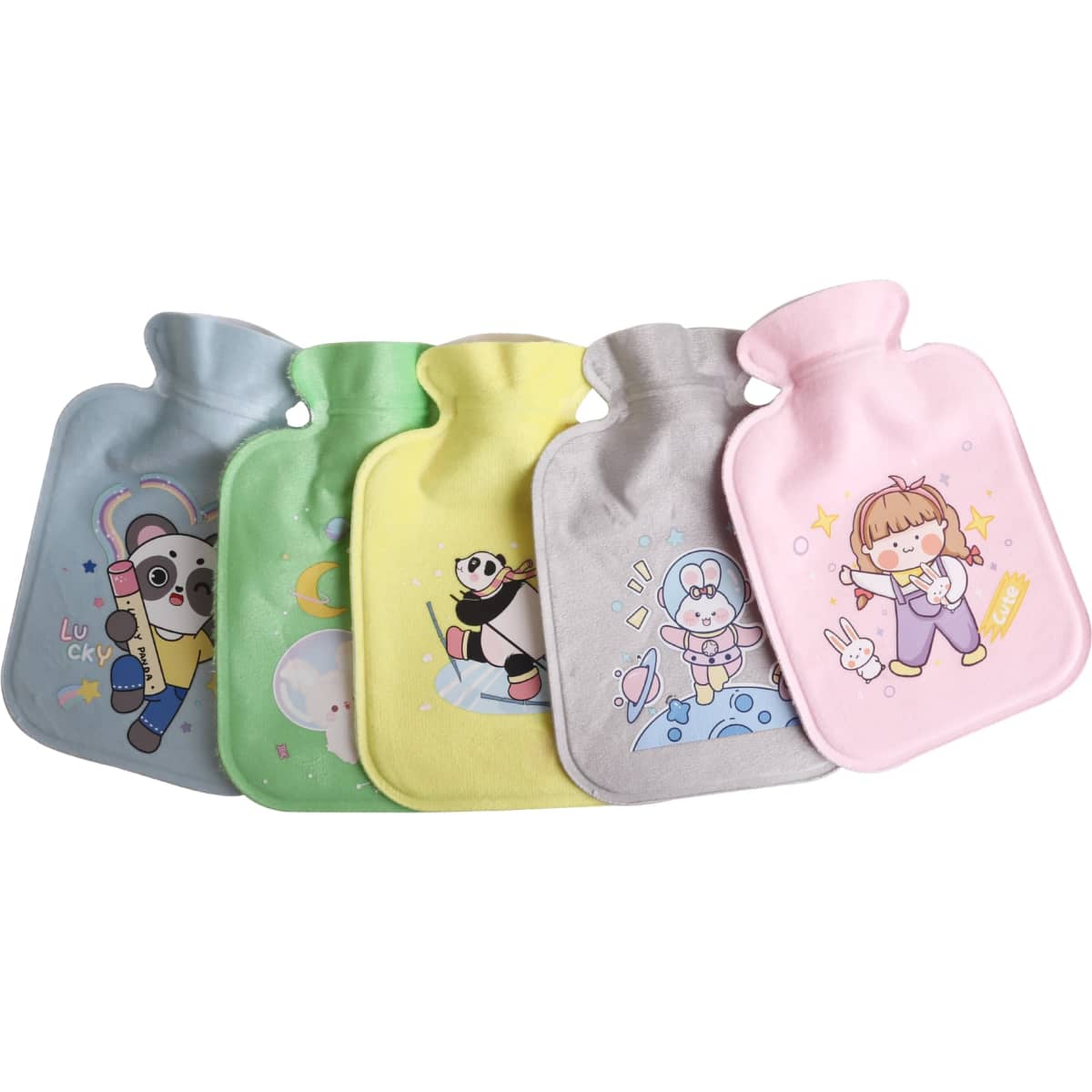 A collection of hot water bottles in pastel colours, each with a soft plush cover and cute cartoon designs.