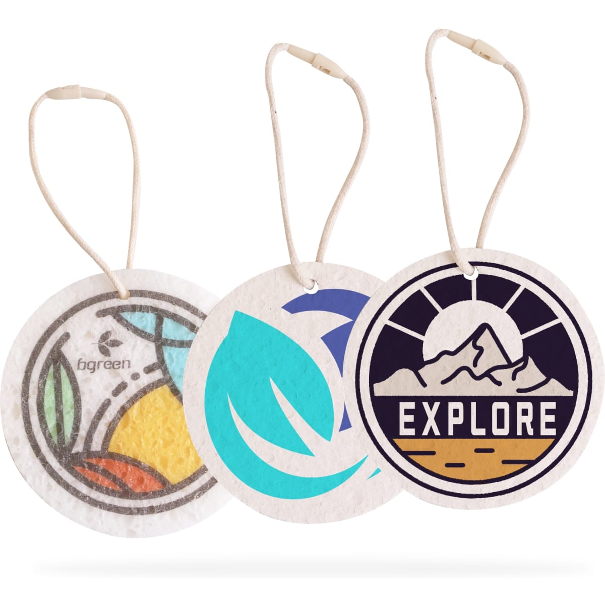 Three circular tags in different designs, featuring various colours and logos, attached by thin loops.