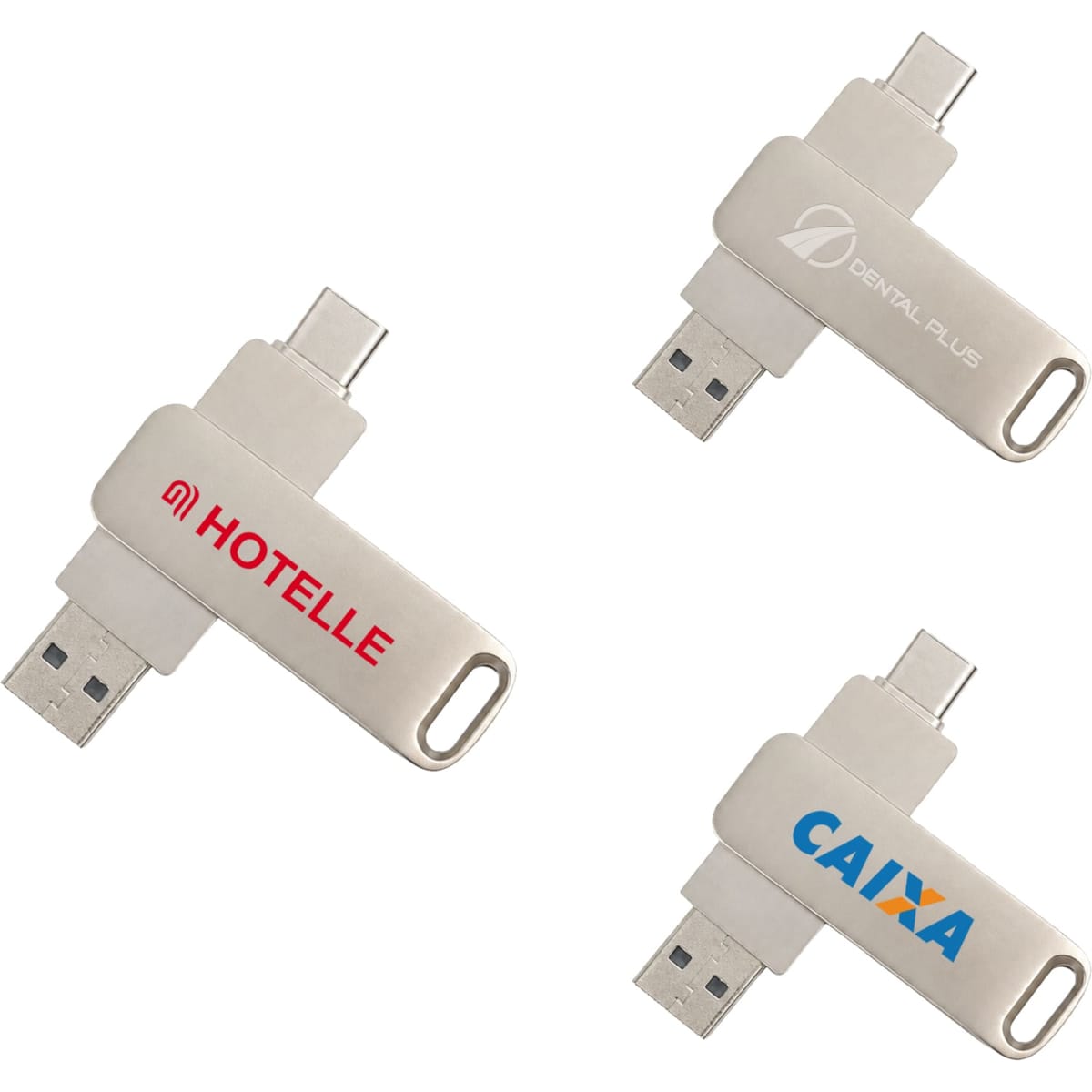 A white double-end swivel Type C flash drive with three variations featuring different logos.