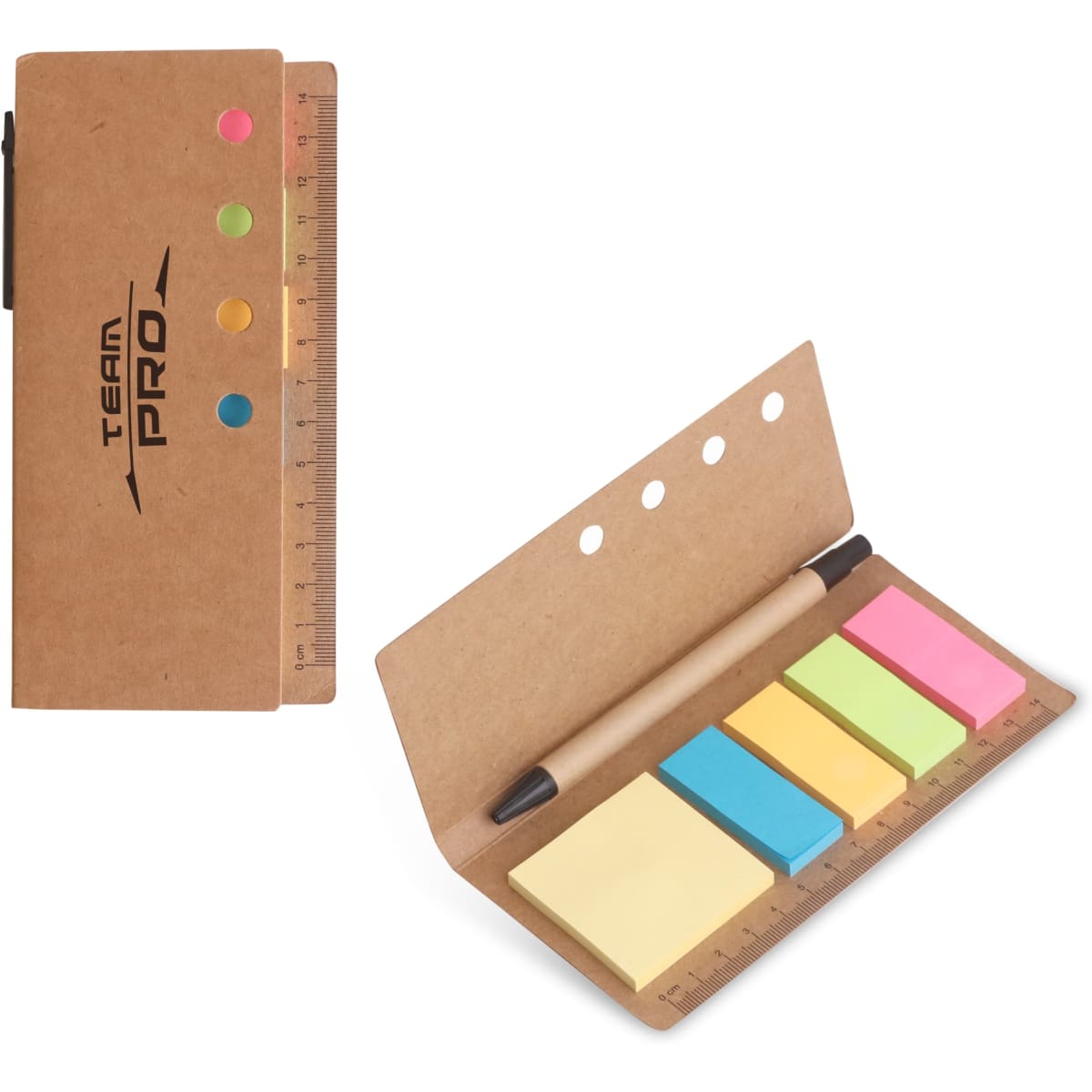 A sticky note pad with a ruler and pen, featuring green, pink, yellow, and blue notes, in a brown cover.