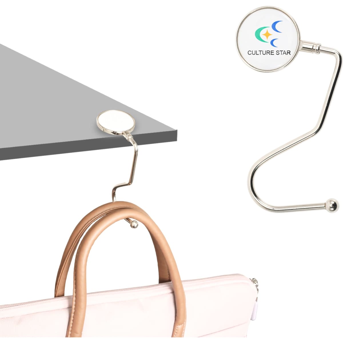 A round, curved desk hook in silver, featuring a circular logo, with a smooth, sleek design for hanging items.