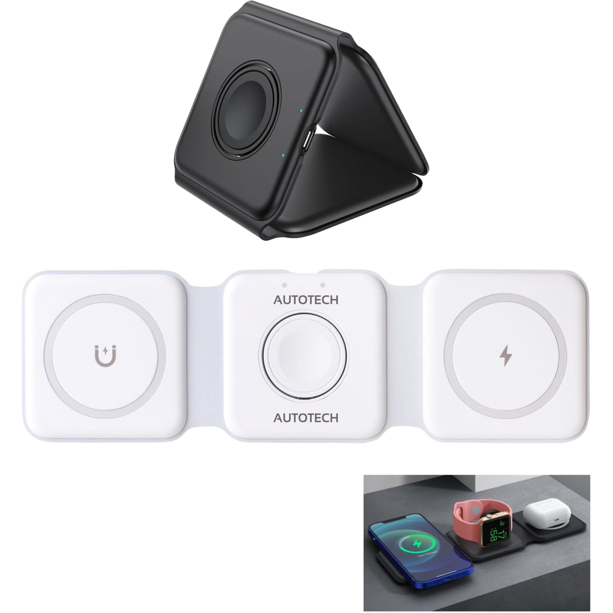 A black 3-in-1 foldable MagSafe wireless charger with a white base for charging multiple devices.