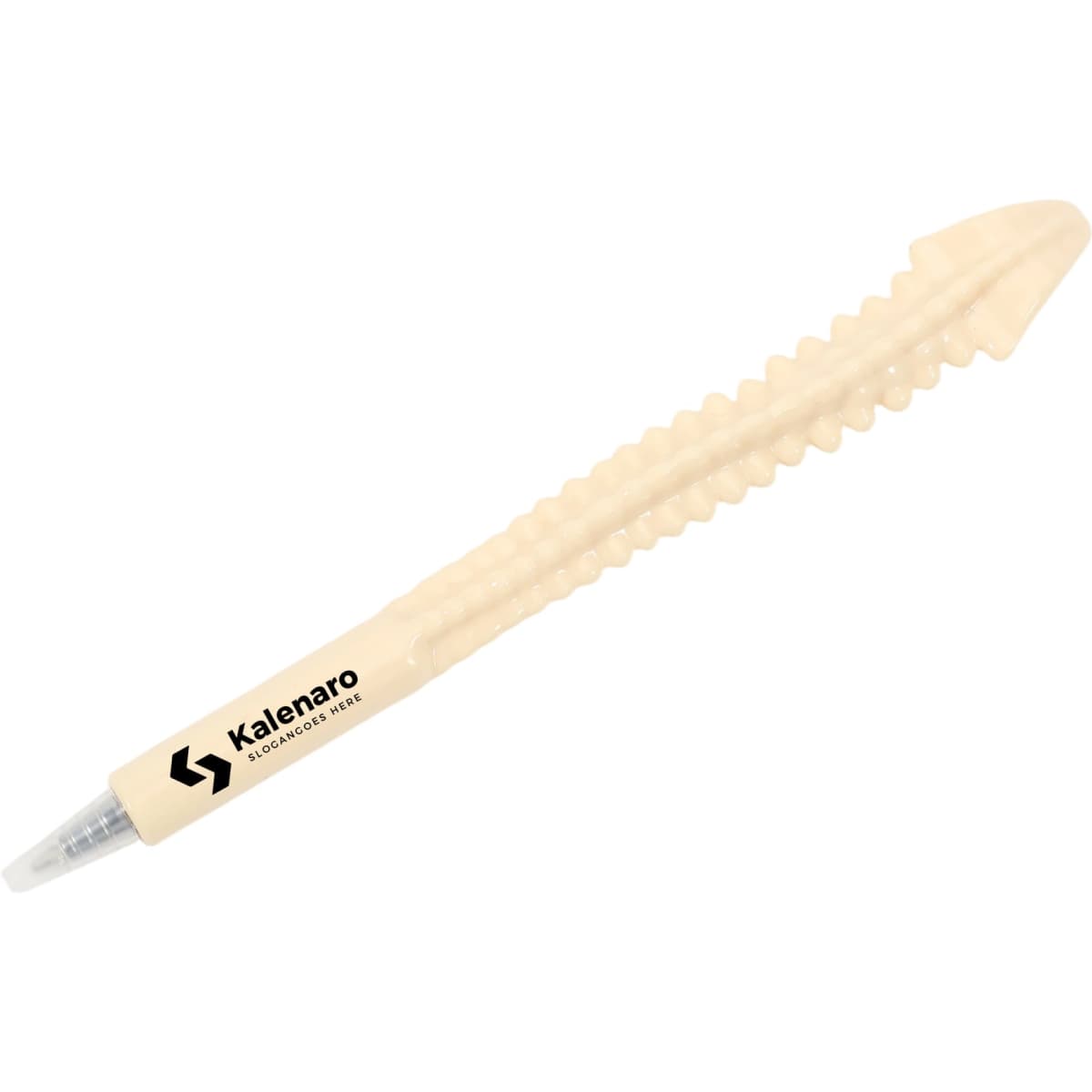 A cream-coloured pen designed to resemble a spine, featuring a logo on the side.